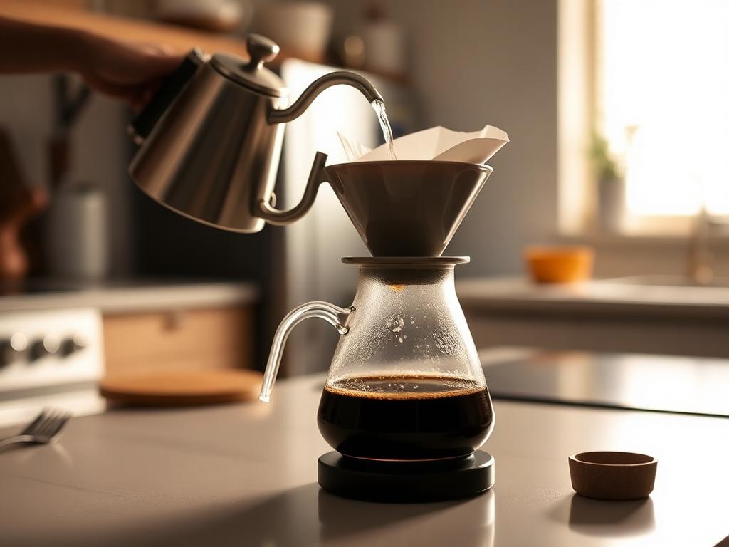 A pour-over coffee being brewed on a warm paper surface